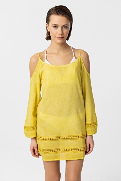 Deriderim Жовта сорочка з тонким бретельками, мереживом і рукавами-крильцями з бавовни