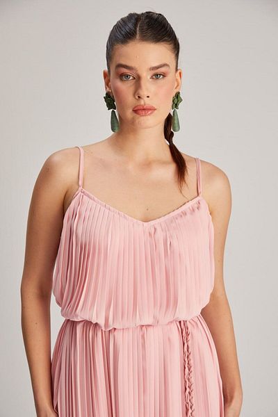 Julidress Ροζ πλισέ λουράκι με ζώνη με επένδυση Maxi Long Premium φόρεμα