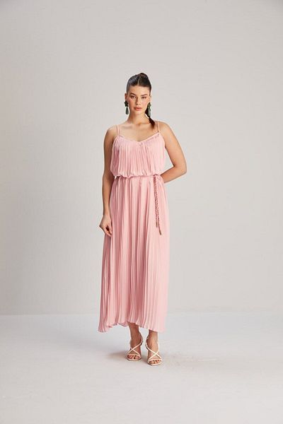 Julidress Ροζ πλισέ λουράκι με ζώνη με επένδυση Maxi Long Premium φόρεμα