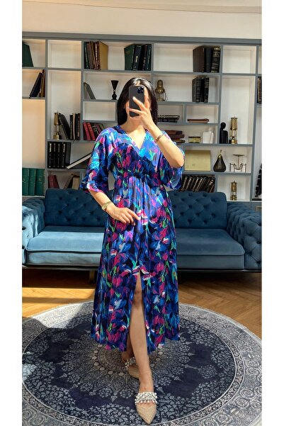 Nida Boutique Rochie din viscoză cu fantă cu decolteu în V, cu jumătate de mânecă, talie elastică în față