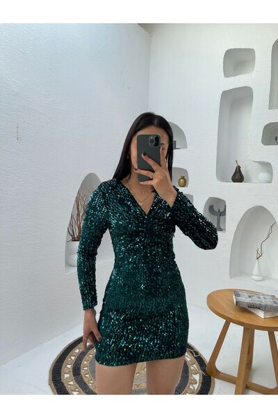 Nida Boutique Κοντό φόρεμα με μακρύ μανίκι με λεπτομέρεια από βελούδο παγιέτες