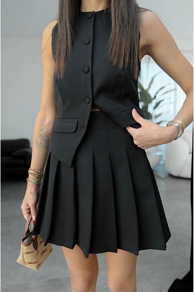 Julidress Black Vest and Pleated Mini Skirt Set