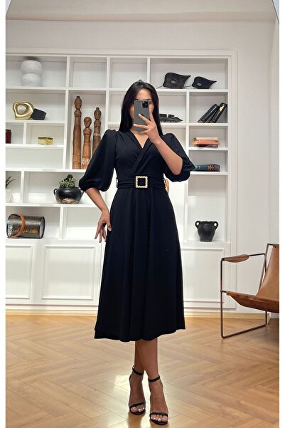 Nida Boutique Yarım Kol Kruvaze Yaka Kuşaklı Örme Krep Elbise