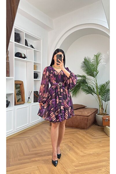 Nida Boutique Uzun Kol Astarlı V Yaka Kuşaklı Beli Lastikli Şifon Elbise