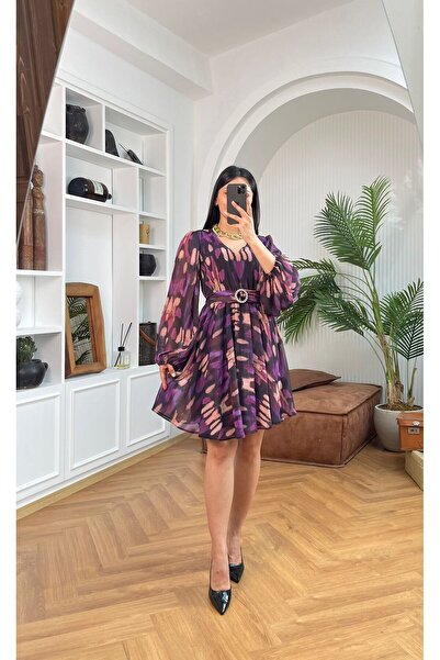 Nida Boutique Uzun Kol Astarlı V Yaka Kuşaklı Beli Lastikli Şifon Elbise