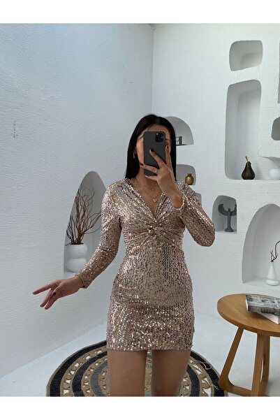 Nida Boutique Uzun Kol Düğüm Detaylı Kadife Pulpayet Kısa Elbise