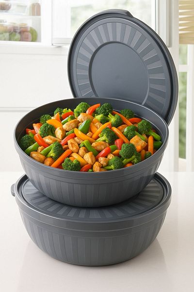 Open Home Concept 2 Pieces Round Storage Container Set with Lid - Bowl Microwave & Freezer Compatible 4 Lt Anthracite
