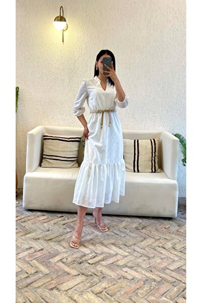 Nida Boutique Hakim Yaka Yarım Kol Astarlı Hasır Kemerli Fisto Elbise