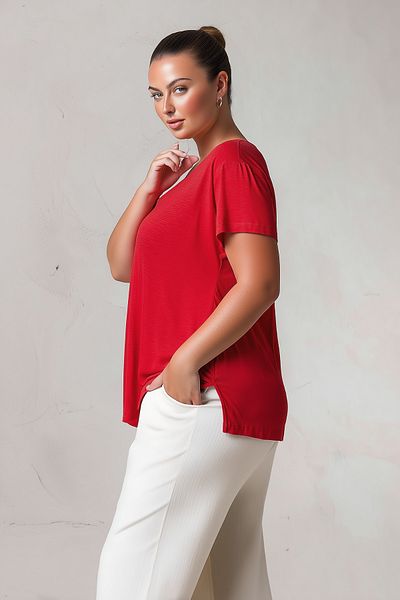 Hanezza Tricou rosu din vascoza din bumbac - cu fanta laterala, marime mare, seria Oeko-Tex