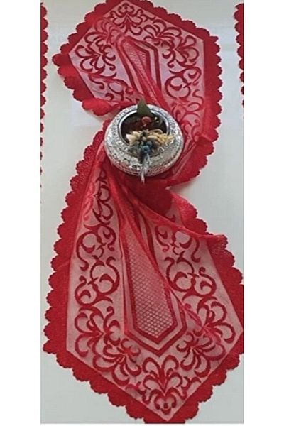 WENESSİ Ottoman Pattern Knitted Tulle Runner Cover 40x140 (RED)