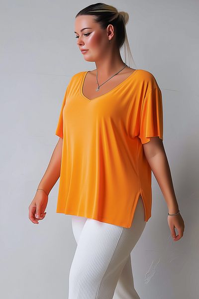 Hanezza Tricou portocaliu din bumbac, viscoză, mărime mare, cu fante laterale (țesătură din seria Oeko-Tex)