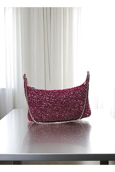 Katusa Women's Pink Glittery Mesh Knitted Chain Hand and Shoulder Bag