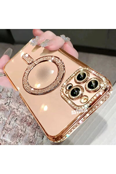 EDELFU İphone 14 Pro Max Gold Yanları Taşlı Kamerası Korumalı Ve Simli Magsafeli Koruyucu Kılıf