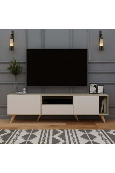 Generic Rectangular TV Table with Fixed Base 179 cm, Shelves and Drawers, Wooden and White Color