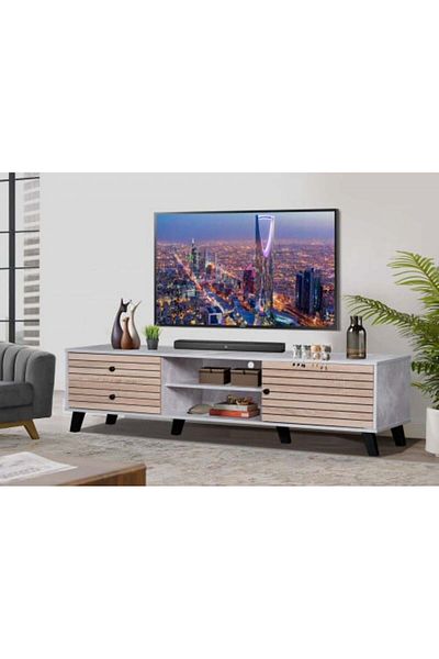 Generic Modern Malaysian Wood TV Table 180cm with Drawers - Grey and Beige