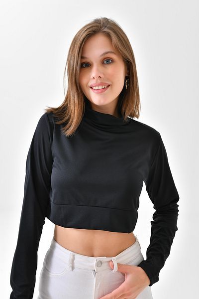 mirach Women's Black Crop T-Shirt - Hijab Neck Collar, Sleeve Half Top Tunic Body
