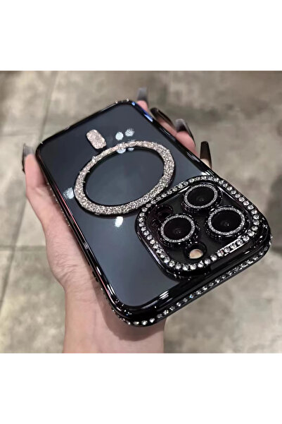 EDELFU İphone 14 Pro Max Siyah Yanları Taşlı Kamerası Korumalı Ve Simli Magsa...