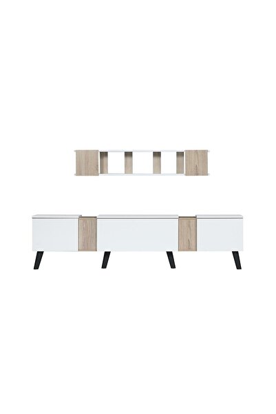 Generic Wooden TV Table with 3 Drawers and Wall Shelves - 180 cm, White and Light Brown