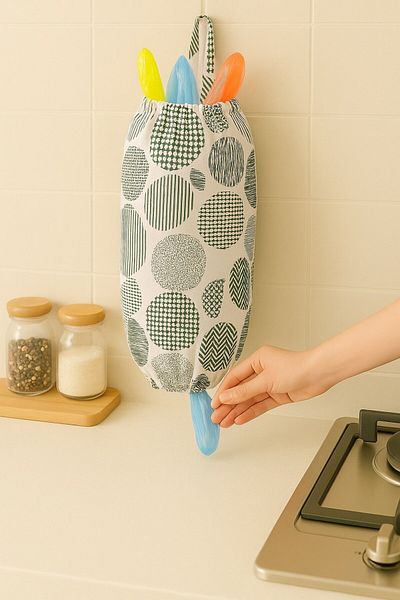 Emtory Home Green Spotted Organizer Λινάρι Διπλή Ελαστική Τσάντα - Organizer Κουζίνας