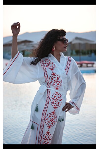 hat craft Craft Pamuklu Kırmızı Desenli Pareo Kimono,sabahlık,deniz ,plaj Elb...