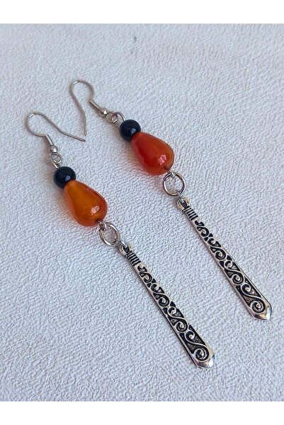 ayrestyle Red Agate and Onyx Stone Motif Stick Apparatus Silver Color Dangle Women's Earrings