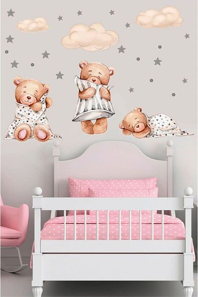 aiki Large Size 3-Piece Sleeping Teddy Bear Clouds and Stars Children's Baby Room Sticker Set 70 X 100