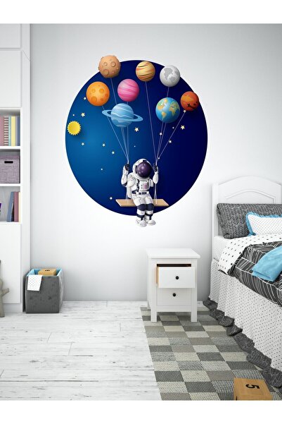 MAARS Bebek Çocuk Odası Mega Gezegen Balonlu Salıncakta Sallanan Astronot, Cam, Duvar Sticker