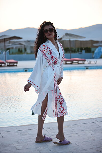 hat craft Craft Pamuklu Kırmızı Desenli Pareo Kimono,sabahlık,deniz ,plaj Elb...