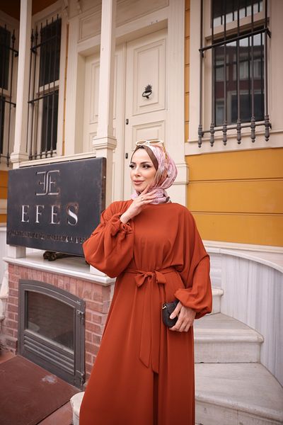 KADEEM Brick Color Balloon Sleeve Elastic Standard Dress