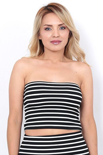 WAYS Kadın Siyah-Beyaz Çizgili Çift Taraflı Straplez Büstiyer Crop