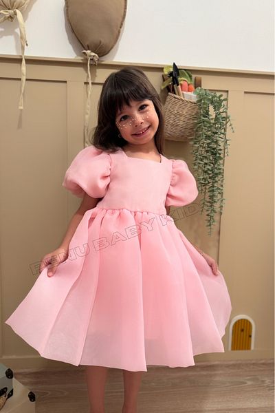 penu baby kids Ροζ Carolin Ballon Φούστα με μπαλόνι μανίκια με κορδέλα για κορίτσια Παιδικό φόρεμα για κοριτσάκι