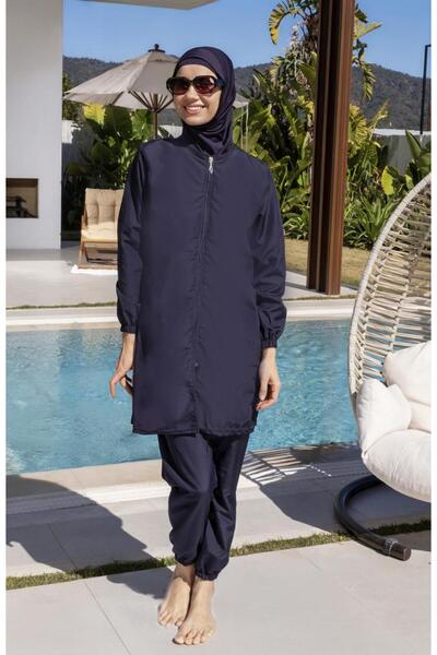 Mayom Lacivert Renk Tam Kapalı Su Iticili Hızlı Kuruyan Yanlardan Ayarlanabilen Fermuarlı Tesettür Mayo