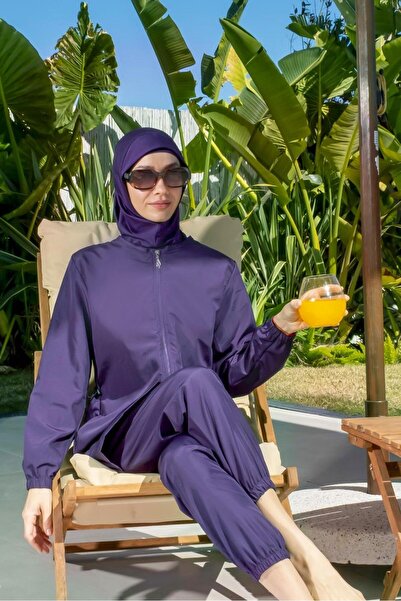 Mayom Purple Color Full Covered Water Repellent Fast Drying Side Adjustable Zippered Hijab Swimsuit