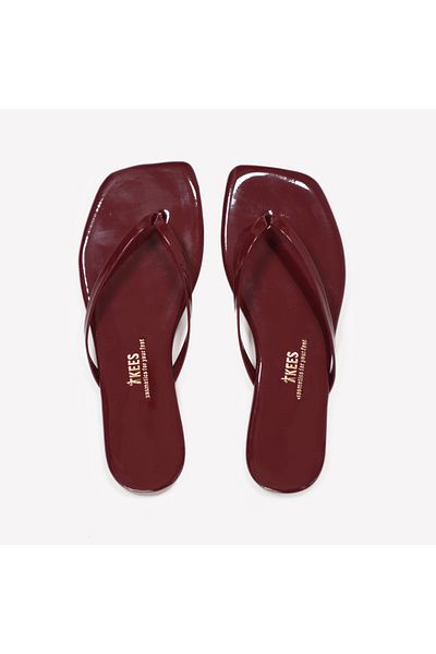 Tkees Papuci de casă pentru femei din piele lăcuită Burgundy Square Toe Casual Stylish