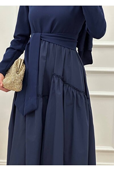 DEMET IRMAK Poplin - Krep Asimetrik Kemerli Balon Elbise