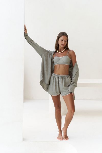 MAİ COLLECTİON Soft Khaki Triple Suit with Leda Lace Detail Shorts