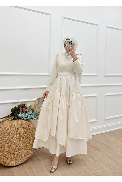 DEMET IRMAK Poplin - Krep Asimetrik Kemerli Balon Elbise