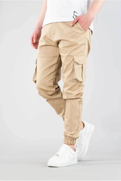 SERAZAT Men's Cargo Pocket Pants Beige Side Pocket Jogger Pants