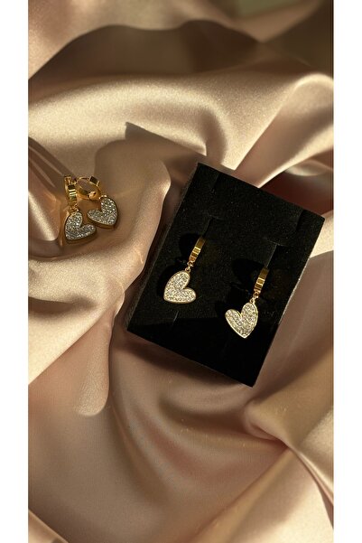 NİSDUAS Taşlı Gold Sallantılı Kalpli Küpe