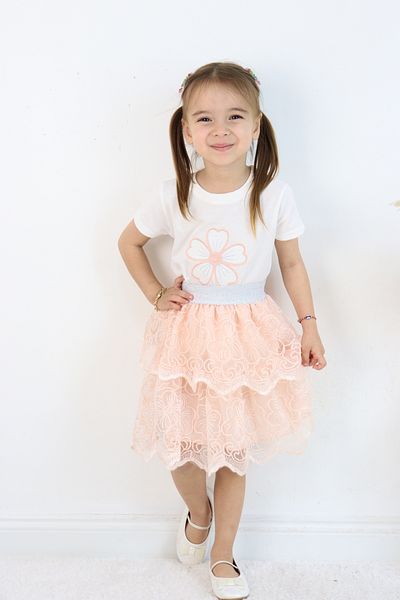 ESİLA KİDS Girls' Suit Floral Embroidery T-Shirt and Layered Lace Skirt