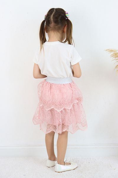ESİLA KİDS Girls' Suit Floral Embroidery T-Shirt and Layered Lace Skirt