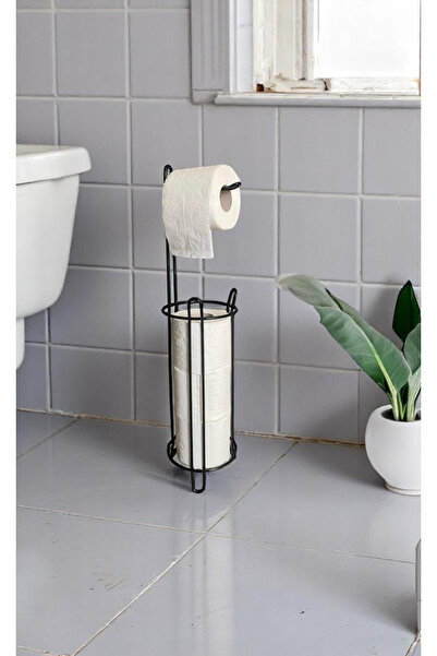 Magic Objects Ayaklı Siyah Tuvalet Kağıtlığı Peçetelik Tutacağı, WC Kağıtlık Askısı Standı, 3 Yedekli Askılığı