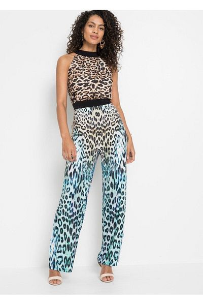 Şans Women's Plus Size Colorful Halter Neck Wide Leg Jumpsuit 65n33573