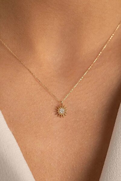 Karflake İnce Zincir ile Altın kaplama Zirkon Taşlı Güneş Şık Çelik Kadın Kolye