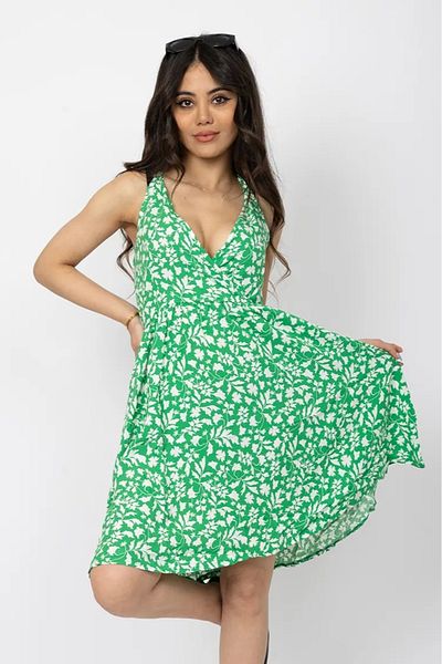 Stil Sepeti Women Green Floral Pattern Double Breasted Neck Strap Mini Dress Tll-1000546121