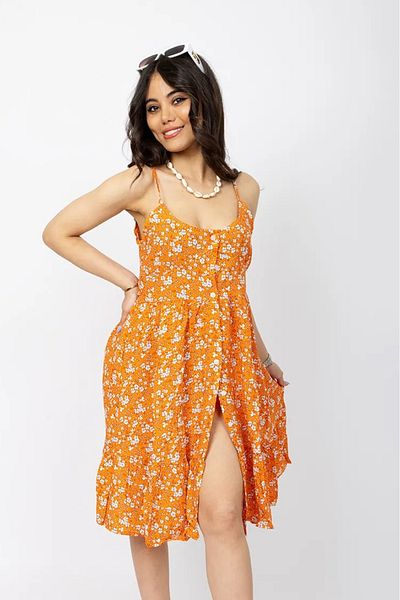 Stil Sepeti Women Orange Floral Patterned Strap Buttoned Slit Detail Mini Dress Tll-1000546120