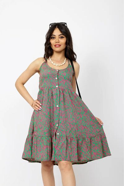 Stil Sepeti Women Pink Floral Patterned Strap Buttoned Slit Detail Mini Dress Tll-1000546120