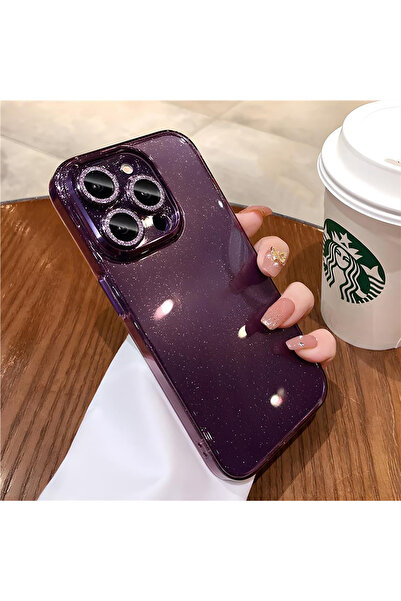 Merwish iPhone 13 Pro Kamera ve Lens Korumalı Simli Işıltılı Taşlı Derin Mor ...
