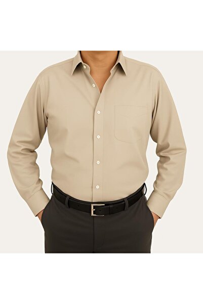 Altun Giyim Erkek Dacron Uzun Kollu Rahat Kesim Cepli Bej Renk Gömlek