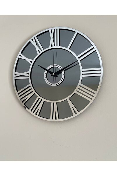 byMelekoğlu Silver Color Mirrored Wall Clock, Roman Numeral Clock 40 cm